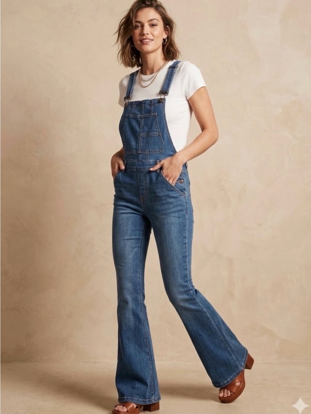Free People Carly Dark Wash Blue Denim Flared Overalls